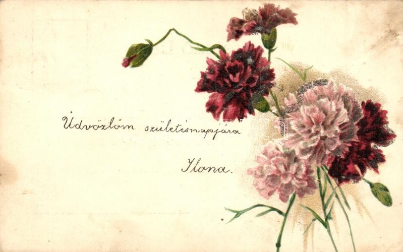 Pink flowers, decorated litho, Szegfű, litho