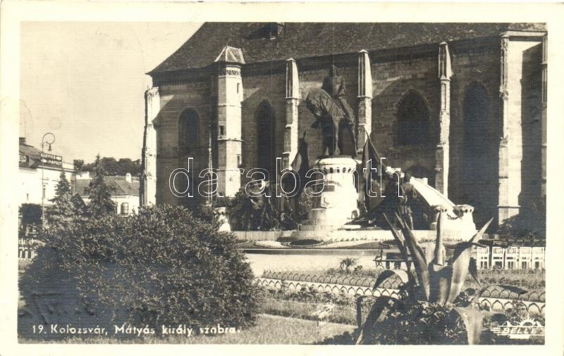 Cluj, statue of Matthias Corvinus '1940 Kolozsvár visszatért'' So. Stpl, Kolozsvár, Mátyás király szobra '1940 Kolozsvár visszatért'' So. Stpl