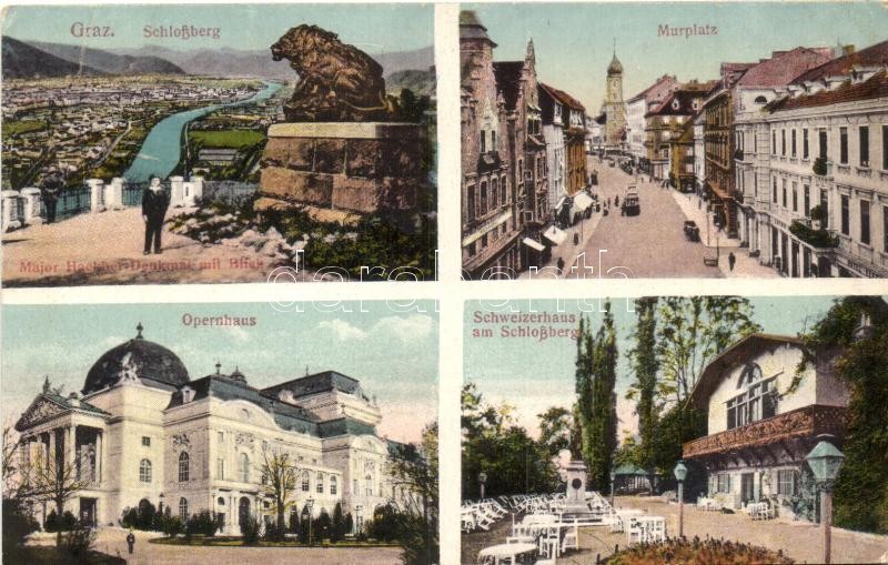 Graz, Schlossberg, Opernhaus, Murplatz, Schweizerhaus am Schlossberg / castle hill, opera, square