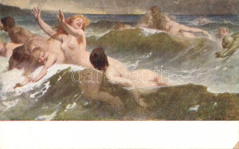 Hullámhajsza / Meztelen erotikus művészlap s: Benczúr, Nude erotic art postcard s: Benczúr