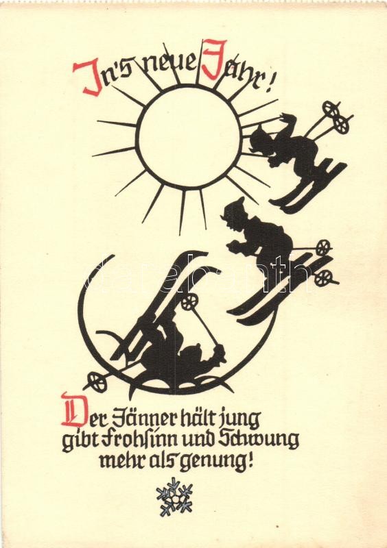 Skiing Dwarf  New Year greeting card, silhouette, Pilschke Kunstkarte s: Georg Plischke, Síelő törpék sziluett, Újévi üdvözlőlap, Pilschke Kunstkarte s: Georg Plischke