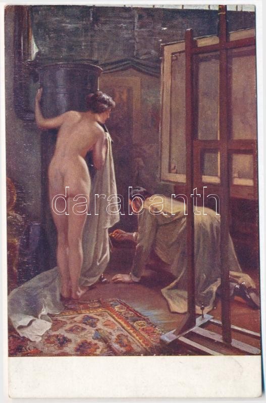Erotic nude art postcard s: Spányik, Fázik a modell / Meztelen erotikus művészlap s: Spányik