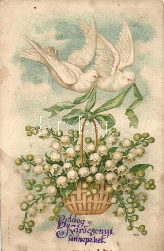 Karácsony, galambok gyöngyvirággal, litho, Christmas, doves with flowers, litho