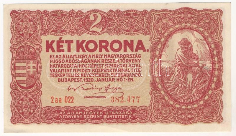 1920. 2 Korona, fold at the bottom right corner, 1920. 2K, jobb alsó sarokban szamárfül
