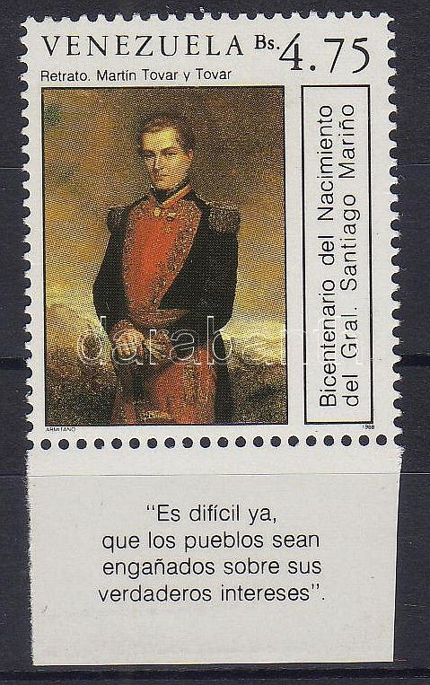 200th birthday of general Santiago Marino margin stamp, 200 éve született Santiago Marino tábornok ívszéli bélyeg, 200. Geburtstag von Santiago Marino Marke mit Rand