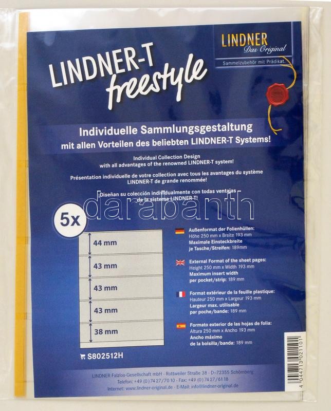 Lindner-T Freestyle albumpótlás S802512H, LINDNER-T freestyle foil sheets with 5 strips (38 mm) and self-adhesive strip - pack of 5, LINDNER-T freestyle Folienhülle mit 5 Einsteckstreifen (38 mm) und Selbstklebestreifen, 5er-Packung