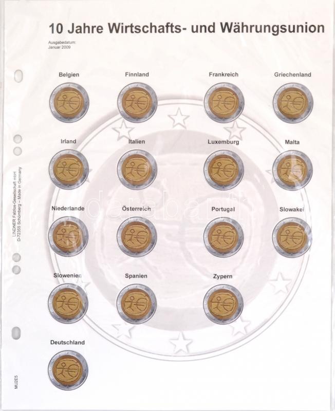 "Multi collect" Illustrated page for 2 EURO-Commemorative coins: Common Issue "10 Years Economic, MU2E5 - előre nyomott érme tartó 2 eurós emlékérmékhez, "10 év gazdasági és monetáris unió", Multi Collect Vordruckblatt für 2 Euro-Gedenkmünzen: Gemeinschaftsausgabe "10 Jahre WWU"