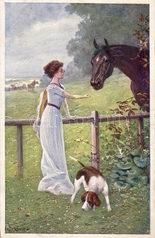Lady with horse and dog, B.K.W.I. 647-4 s: Kratki, Hölgy kutyával és lóval, B.K.W.I. 647-4 s: Kratki