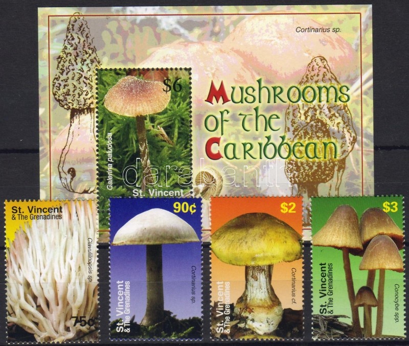 Mushrooms set + block, Gombák sor + blokk, Pilze Satz + Block