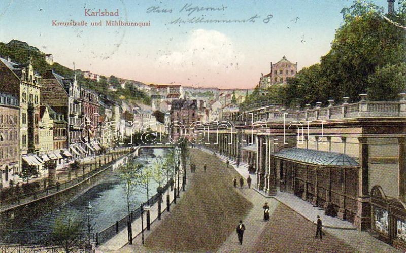 Karlovy Vary, Karlsbad; Kreuzstrasse, Mühlbrunnquai / street, quay