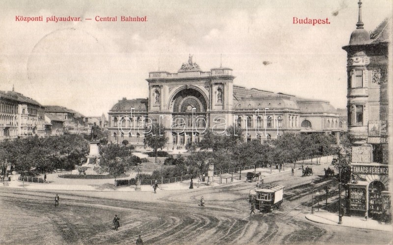 Budapest VII. Keleti pályaudvar, Baross tér, Kerékpár és Takács Ferenc üzlete, villamos, Divald Károly