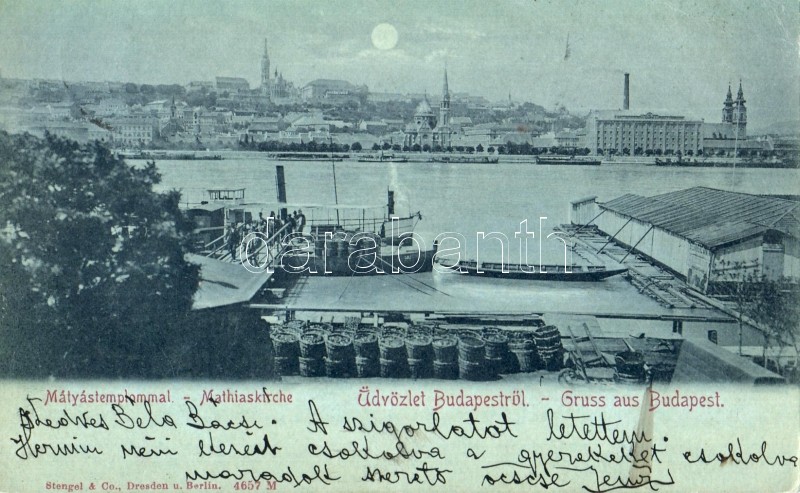 1899 Budapest, rakpart, gőzhajó, csónak, Mátyástemplom