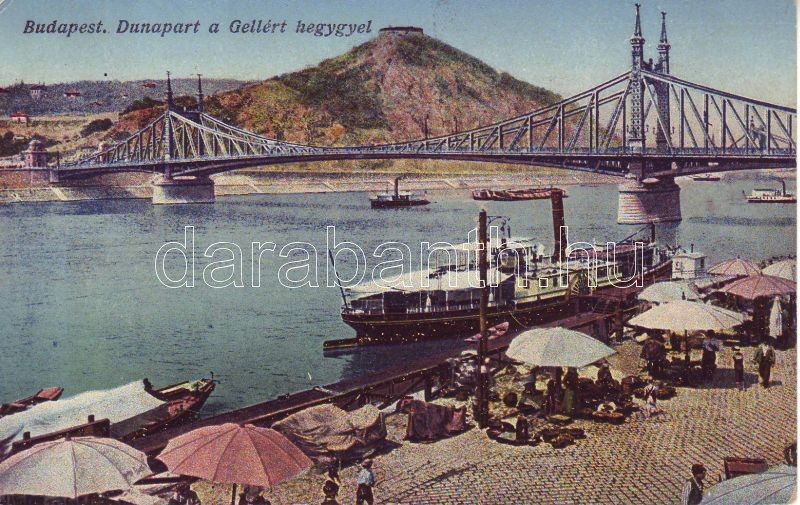 Budapest, Duna part, Gellérthegy, Ferencz József híd, gőzhajó