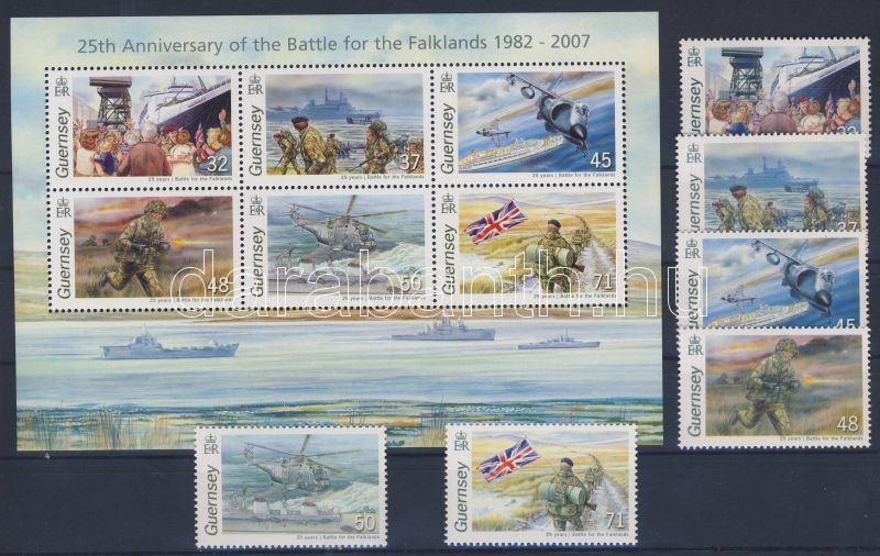 25th anniversary of the battle for the Falklands set + block, A falklandi háború 25. évfordulója sor + blokk, 25. Jahrestag des Falklandkrieges Satz + Block