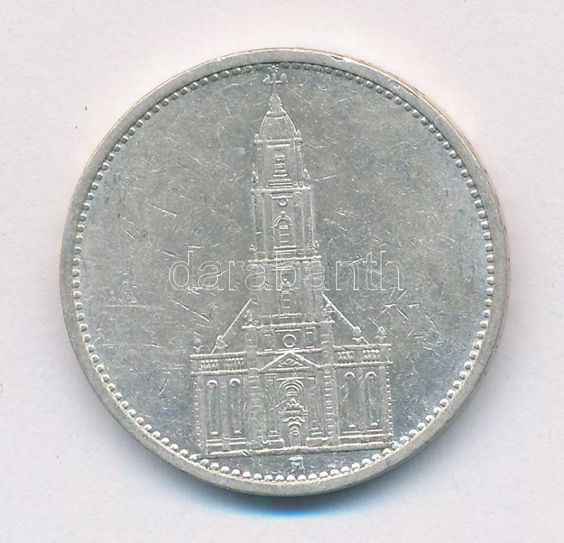 1935A 5 Mark Ag "Garnisonkirche" C:XF, 1935A 5M Ag "Garnisonkirche" T:XF