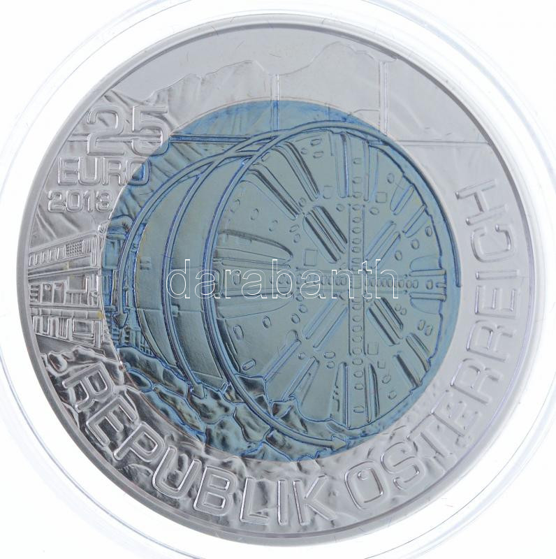 2013. 25 Euro "Tunneling" in original case, with certificate, 2013. 25E "Alagútépítés" eredeti tokban, tanúsítvánnyal, 2013. 25 Euro "Tunnelbau" im Originaletui, mit Zertifikat