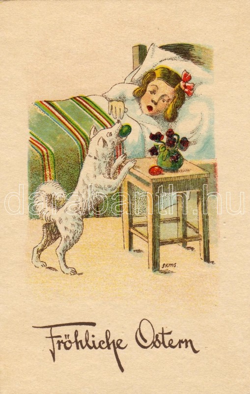 Easter, girl with dog, s: SKMS, Húsvét, gyerek kutyával, s: SKMS