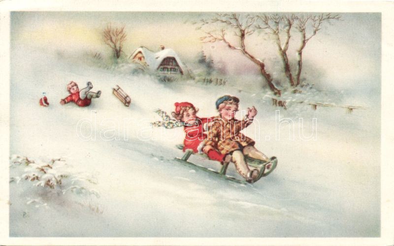 Winter, sleighing children, Tél, gyerekek szánkóznak
