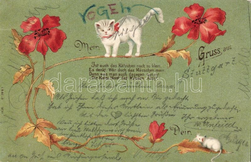 Cat and mouse with flowers litho, Macska és egér virágokkal litho