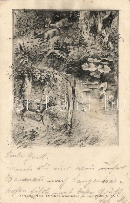 1899 Deers, Theo. Stroefer's Kunnverlag, Jagd-Postkarte Nr. 5., 1899 Őzek, Theo. Stroefer's Kunnverlag, Jagd-Postkarte Nr. 5.