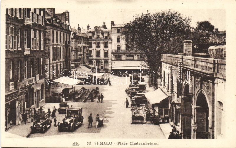 Saint-Malo, Place Chateaubriand, Cafe des Voyageurs, Cafe des Quest, Hotel de France, coffeur / square, cafe, hotel, automobile