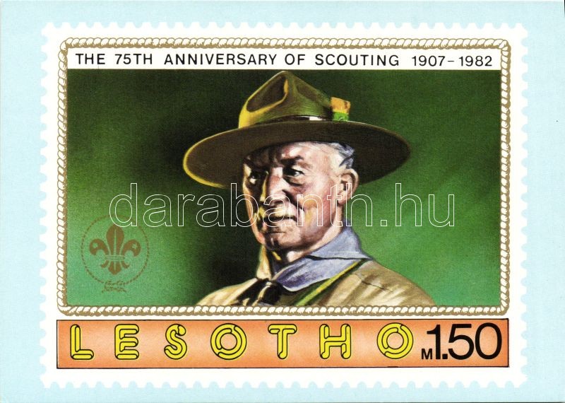 1982 Lesotho, A cserkész mozgalom 75. évfordulója bélyeg, Robert Baden-Powell pinx. G. Vásárhelyi, 1982 Lesotho, The 75th anniversary of scouting stamp, Robert Baden-Powell pinx. G. Vásárhelyi