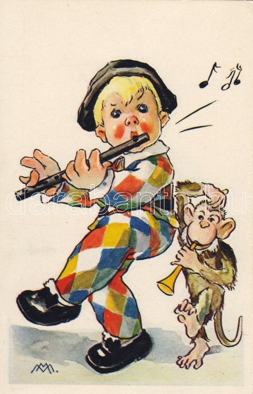 Italian, humorous art postcard, clown, music, s: M.M., Olasz, humoros művészlap, zenélő bohóc, s: M.M.