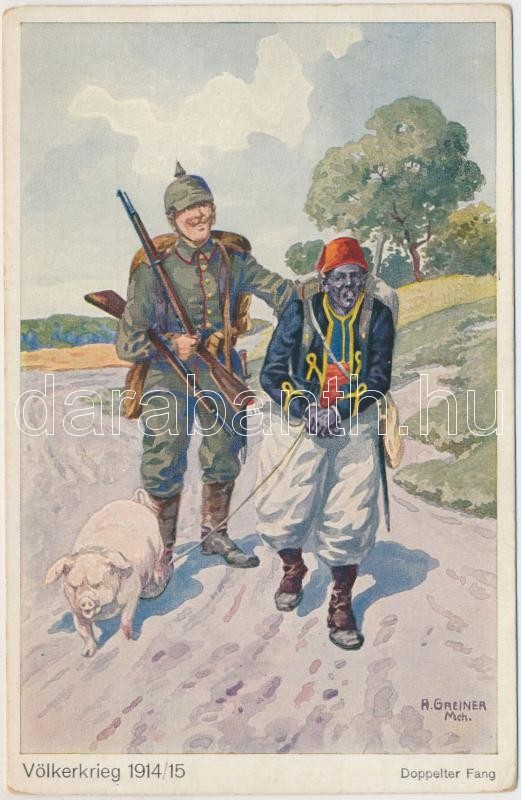 Első világháborús katonai lap, dupla zsákmány s: A.Greiner, Doppelter Fang / WWI military card, double catch s: A.Greiner
