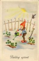 Újév, törpe, lóhere s: I. Sch., New year greeating card, dwarf, clover s. I. Sch