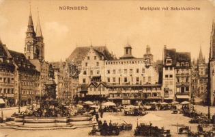 Nürnberg, market, Neptun statue, St. Sebaldus Church, C.C. Sucker candle factory, Engelhardt textile and clothing shop, Hotel Georg Jus Weier, Cafe Hofmann