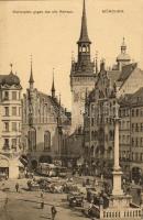 München, Marienplatz, Rathaus, Mariensäule / square, town hall, statue, automobiles, trams,
