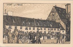 Leipzig, egyetemi udvar 1800 körül, 500 éves évfordulója a Lipcsei Egyetemnek, Leipzig, university yard anno 1800, anniversary of Leipzig University in 1909