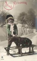 Újév, gyerek kutyával és szánkóval, New Year, child with dog and sledge