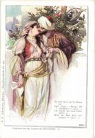 Azerbajdzsán folklór, romantikus pár, idézet Mirza Shafi Vazehtől, F. A. Ackermann képeslap, szignós, Azerbaijan folklore, romantic couple, quote from Mirza Shafi Vazeh, F. A. Ackermann postcard, artist signed