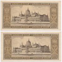1946. 100.000.000P (2x) egymás utáni sorszámmal 1946. 100.000.000 Pengő (2x) sequential serials