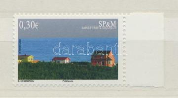 Houses on the coast margin stamp, Házak a tengerparton ívszéli bélyeg, Häuser an der Küste Marke mit Rand