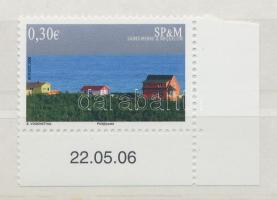 Házak a tengerparton ívsarki bélyeg, Houses on the coast corner stamp, Häuser an der Küste Marke mit Rand