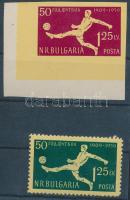 50th anniversary of the Bulgarian football set (perforated + corner imperforated stamps), 50 éves a bolgár foci sor (fogazott + ívsarki vágott bélyeg), 50 Jahre Fußball in Bulgarien Satz (gezähnte und ungezähnte Marke mit Rand)