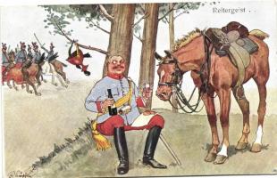 K.u.K katonatiszt, ló, bor, humor B.K.W.I. 585-4 s: Schönpflug, 'Reitergeist' / Ghost rider, K.u.K. soldier, horse, wine, humour, B.K.W.I. 585-4 s: Schönpflug