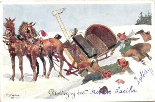 New Year greeting card, overturned sledge, humour, B.K.W.I. 560-6 s: Schönpflug, Újévi üdvözlőlap, felborult szánkó, humor, B.K.W.I. 560-6 s: Schönpflug