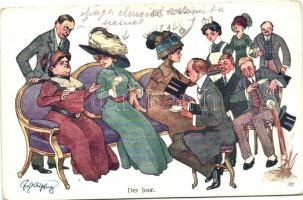 Der Jour / tea party, humour B.K.W.I. 370-6 s: Schönpflug, Tea parti, humor, B.K.W.I. 370-6 s: Schönpflug