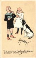 Gyerekek, kutya, humor, kétszersült reklám s: Schönpflug, Karlsbader Wasserzwieback 'Marke Sprudel' / Children, dog, humour, advertisement s: Schönpflug