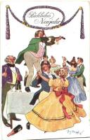 New Year greeting card, champagne, fiddler, humour, B.K.W.I. 2504-6 s: Schönpflug, Újévi üdvözlő lap, pezsgő, hegedűs, humor, B.K.W.I. 2504-6 s: Schönpflug