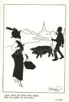 Német népdal illusztráció, hölgy, pásztor és disznó sziluett, B.K.W.I. 121-8 s: Schönpflug, German volksong illustration, lady, sheperd and pig silhouette, B.K.W.I. 121-8 s: Schönpflug