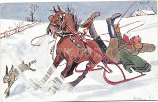 Lovas szán, humor, nyúl, B.K.W.I. 2666-6 s: Schönpflug, Horse drawn sleigh, humour, rabbit, B.K.W.I. 2666-6 s: Schönpflug