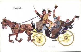 Tauglich / carriage, beer drinking drunk men, humour, B.K.W.I. 927-6 s: Schönpflug, Lovas kocsi, Sör, részeg férfiak, humor B.K.W.I. 927-6 s: Schönpflug