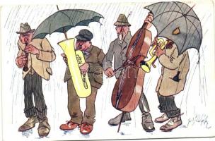 Zenekar, eső, klarinét, tuba, trombita, nagybőgő,   B.K.W.I. 848-6 s: Schönpflug, Music band, rain, clarinet, tuba, trumpet, double bass, B.K.W.I. 848-6 s: Schönpflug