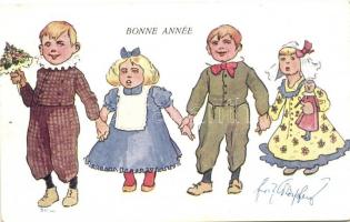 Bonne Année / New Year, children, B.K.W.I. 654-3 s: Schönpflug, Újév, gyerekek, B.K.W.I. 654-3 s: Schönpflug