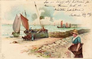 1899 Lány csónakkal, tengerpart, 'Winkler & Schorn, Sonnenschein-Postkarte Serie VIII' litho, 1899 Girl with boat, beach, 'Winkler & Schorn, Sonnenschein-Postkarte Serie VIII' litho