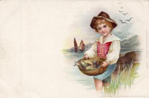 Halászfiú, Wilhelm Boehme Kinderpostkarte No. 13. litho, Fisherboy, Wilhelm Boehme Kinderpostkarte No. 13.  litho